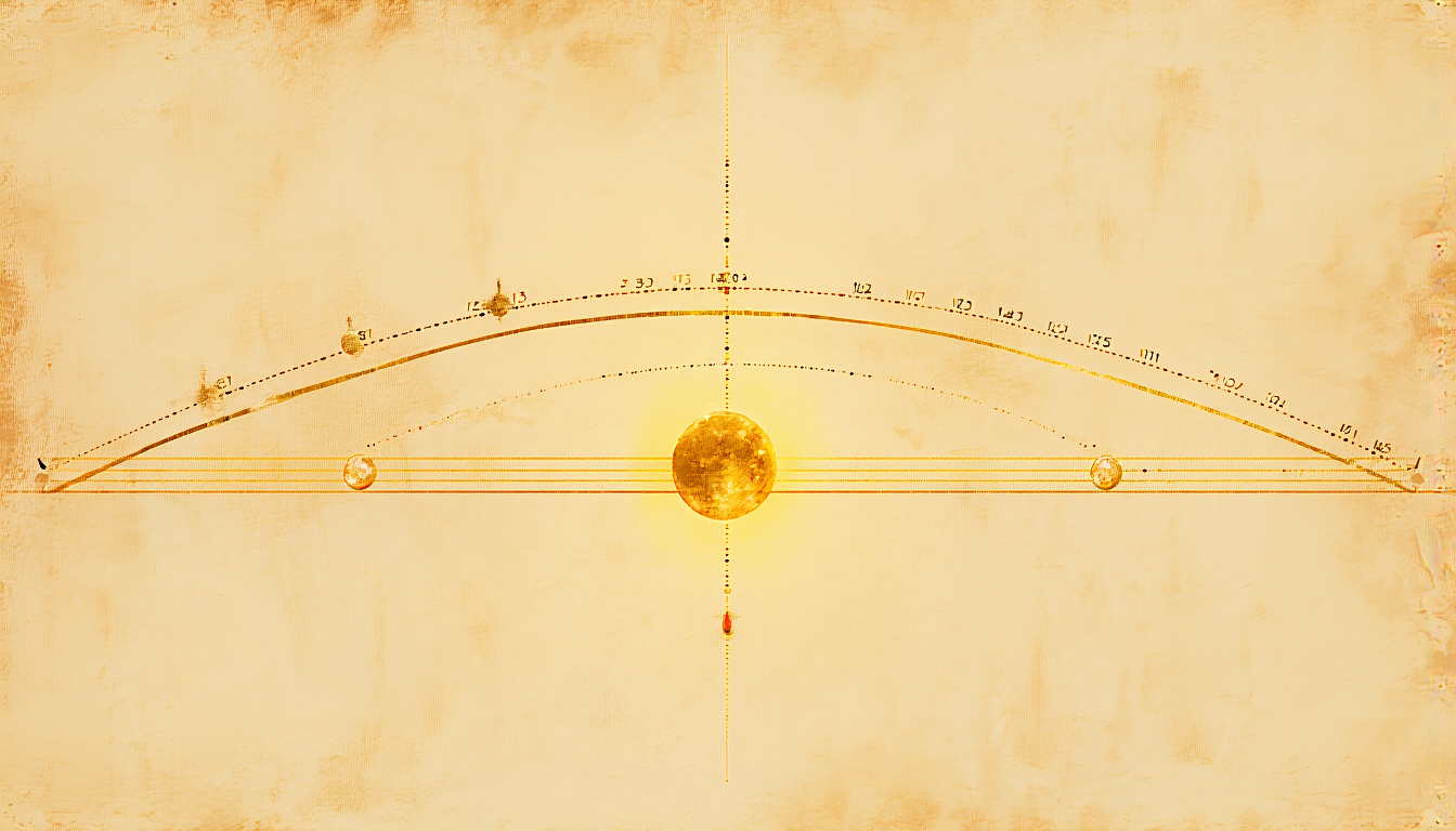 A golden arc from the equinox horizon to the winter solstice, marked as a timeline