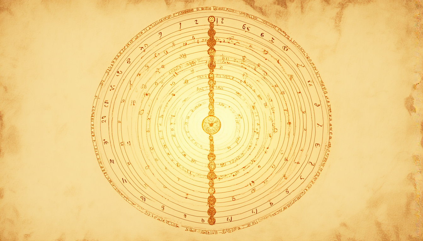 A gold clock face with the 3-6-9 axis at center, a doubling spiral that never crosses it