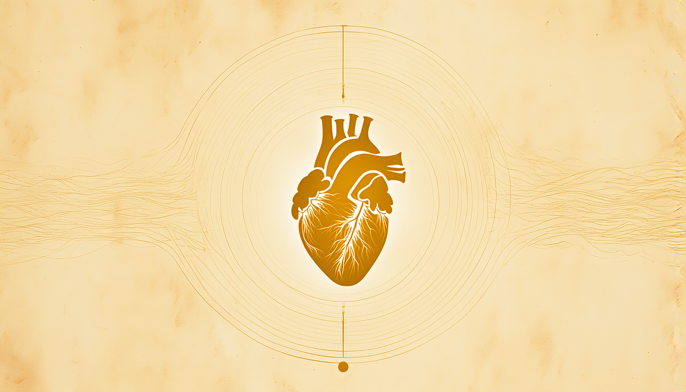 A heart at the center, fine golden transmission lines radiating outward