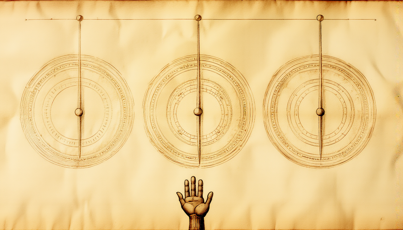 A panel of three engraved dial gauges with an open hand below