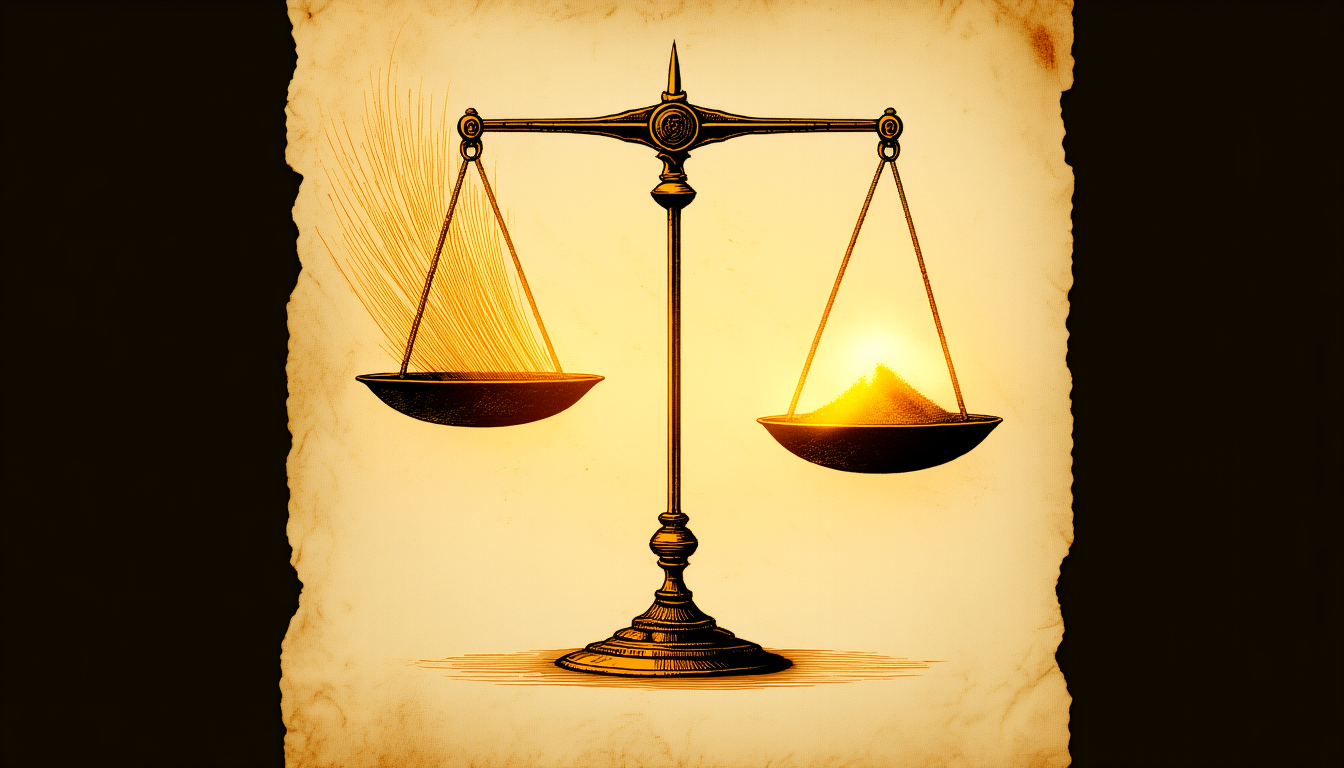 A golden balance scale, one pan tipping into rising light, the other level with a small ingot