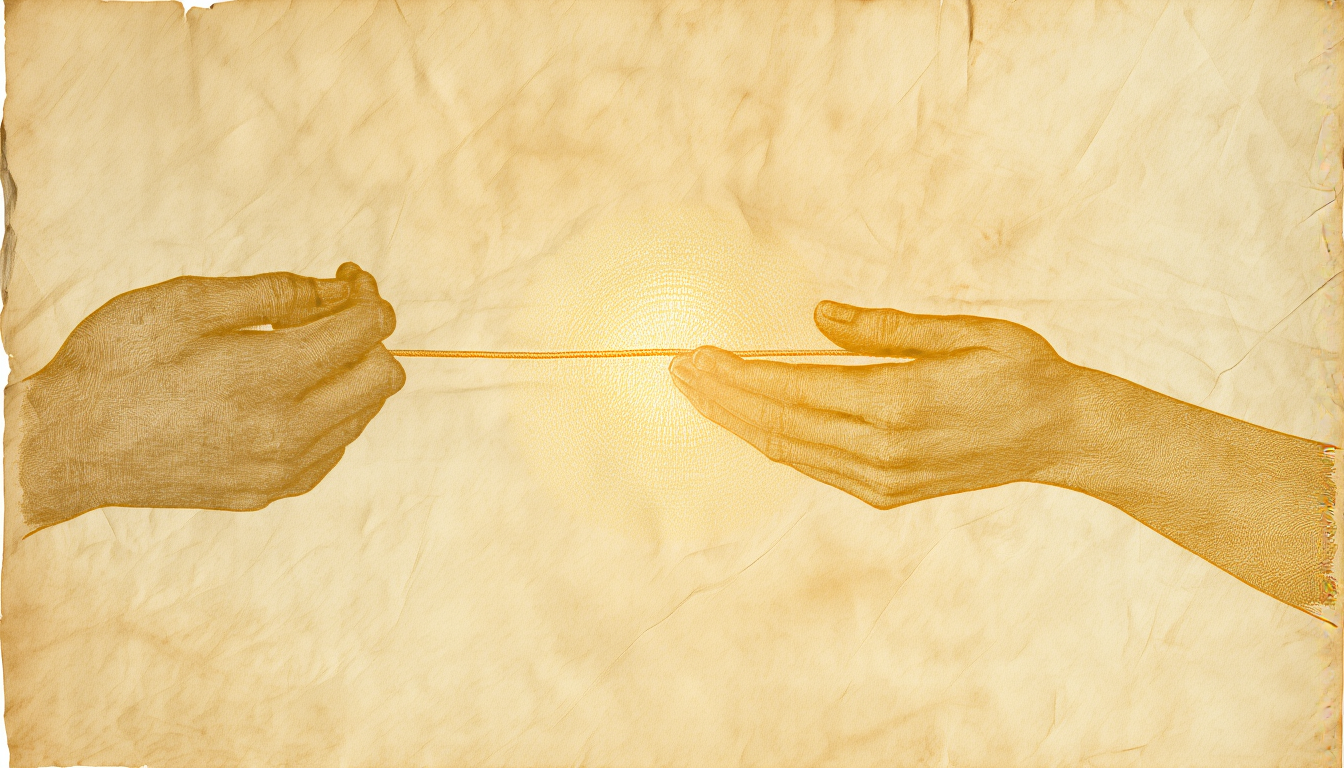 Two hands, a single chord arcing gently back and dissolving into a field of light, uncut